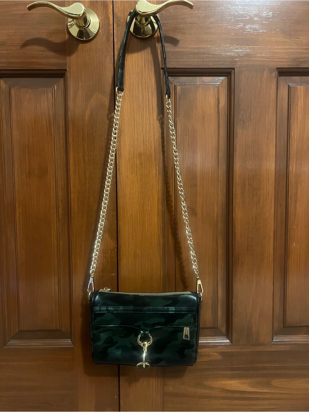 Rebecca Minkoff Green Camo Crossbody Bag with Gold Chain Strap